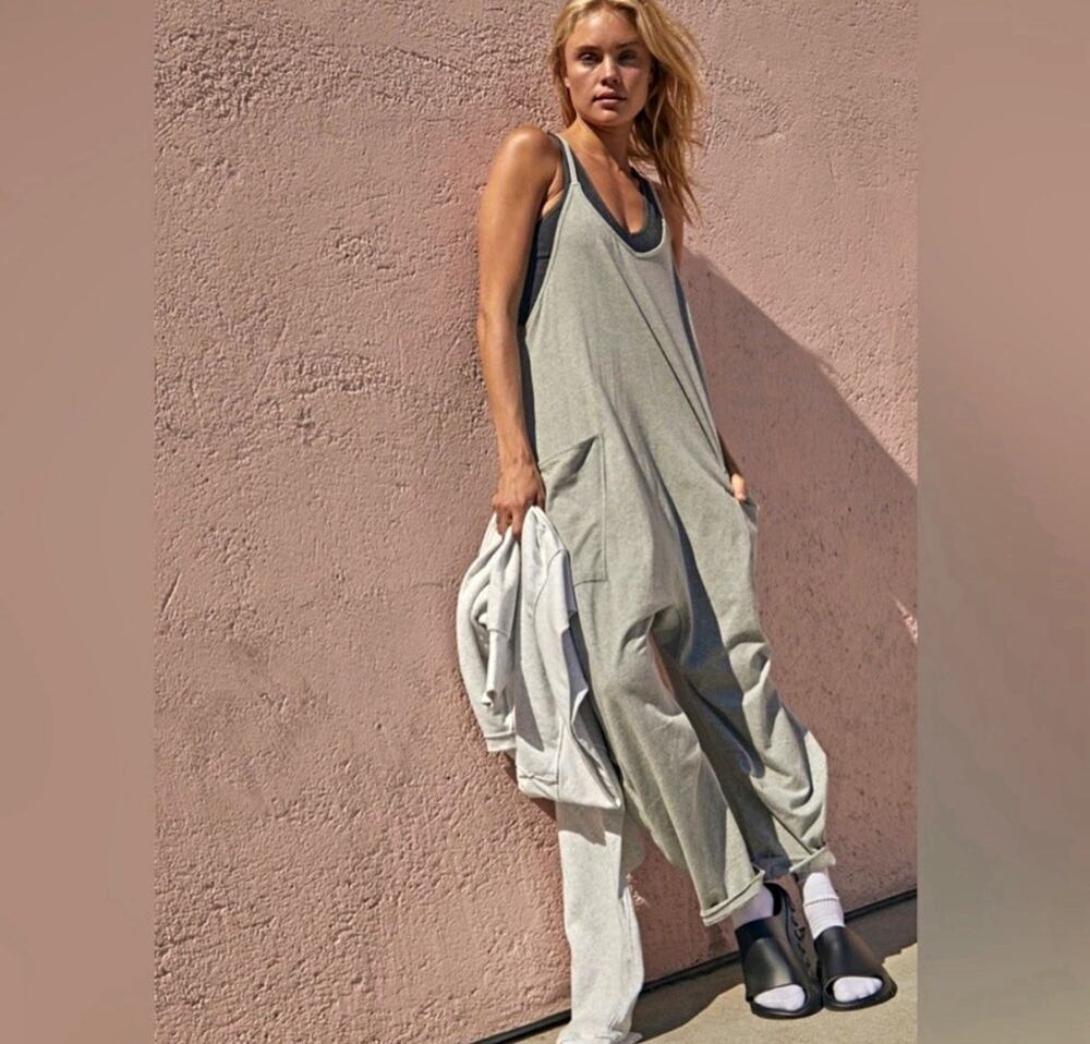 Free People Hot Shot Gray Knit Jumpsuit Long Sleeve Pullover Pockets S
